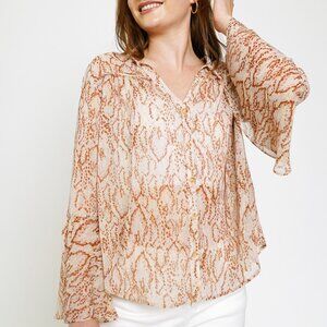 MYSTREE Neutral Snake Print Sheer Blouse, Lightweight Chiffon Button Down